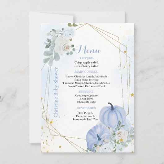 Herfst Blauw Pompoen Jongen Baby shower Party Menu Kaart (Voorkant)