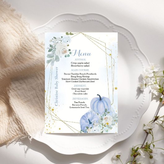 Herfst Blauw Pompoen Jongen Baby shower Party Menu Kaart