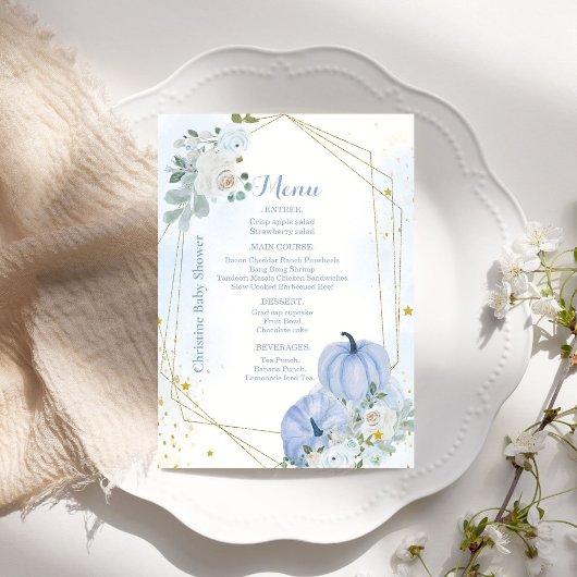 Herfst Blauw Pompoen Jongen Baby shower Party Menu Kaart