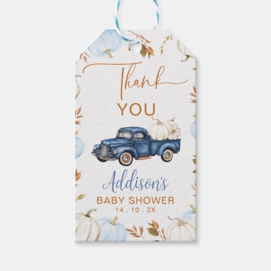 Herfst Blauw Pompoen Truck Baby shower Gift Label Cadeaulabel (Voorkant)