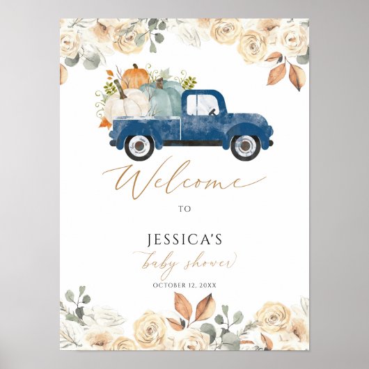 Herfst Blauw pompoen truck baby shower welkomstbor Poster (Voorkant)