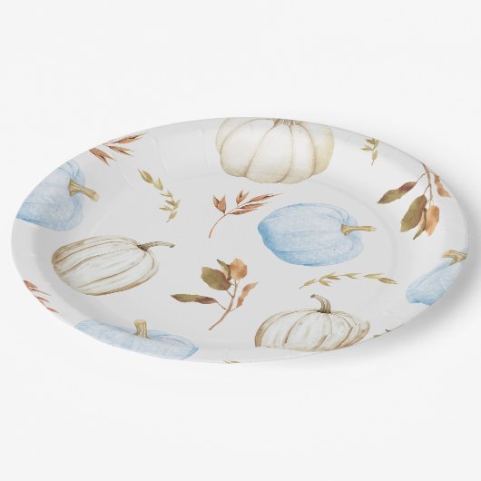 Herfst Blauw Wit Pompoenen Baby shower Papieren Bordje (Gekanteld)