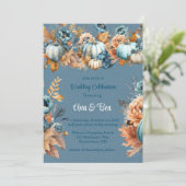 Herfst Blauwe en Oranje Pompoen Pioen Roos Bruilof Kaart (Staand voorkant)