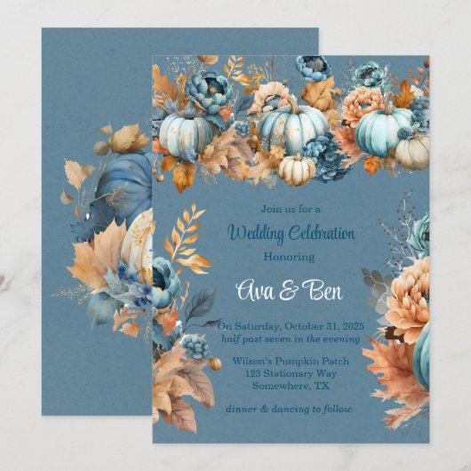 Herfst Blauwe en Oranje Pompoen Pioen Roos Bruilof Kaart (Voorkant / Achterkant)