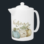 Herfst Blauwe Pompoen Medium Theepot<br><div class="desc">Mooie waterverf pompoenen in de tinten zacht blauw, groen, goud en bruin op een witte achtergrond zijn te zien op deze medium theepot. Het woord "Autumn" is geschreven over de top van de pompoenen, rondom de theepot. Coördineert met de andere design in het Autumn Blue Pumpkin Collectie van de Mama's...</div>