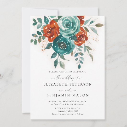 Herfst Blauwgroen Verbrand Sinaasappel Floral Eleg Kaart (Voorkant)