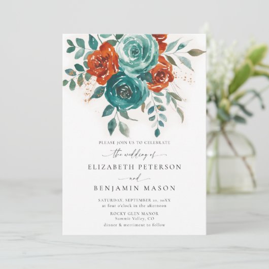 Herfst Blauwgroen Verbrand Sinaasappel Floral Eleg Kaart (Staand voorkant)