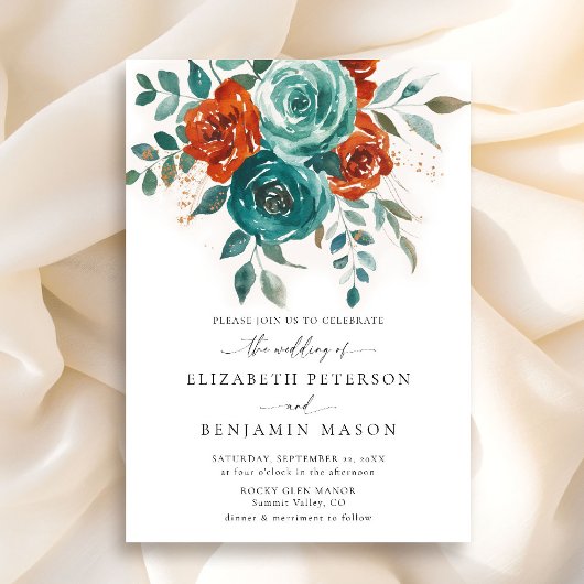 Herfst Blauwgroen Verbrand Sinaasappel Floral Eleg Kaart