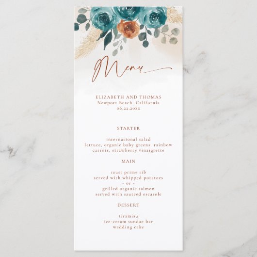 Herfst Blauwgroen Verbrande Oranje Rozen Waterverf Menu (Voorkant)