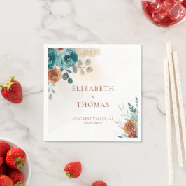 Herfst Blauwgroen Verbrande Oranje Rozen Waterverf Servet