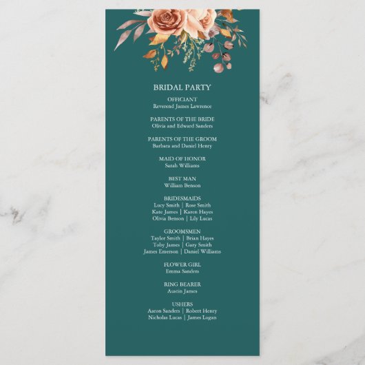 Herfst Blauwgroen Waterverf Terracotta Bloemen bru Programmakaart (Achterkant)