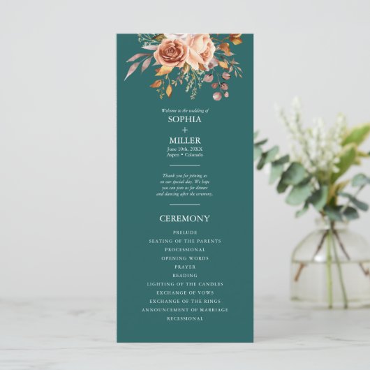 Herfst Blauwgroen Waterverf Terracotta Bloemen bru Programmakaart (Staand voorkant)