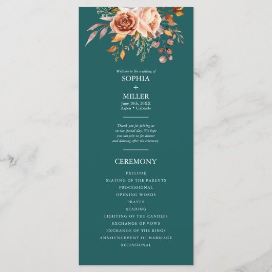 Herfst Blauwgroen Waterverf Terracotta Bloemen bru Programmakaart (Voorkant)