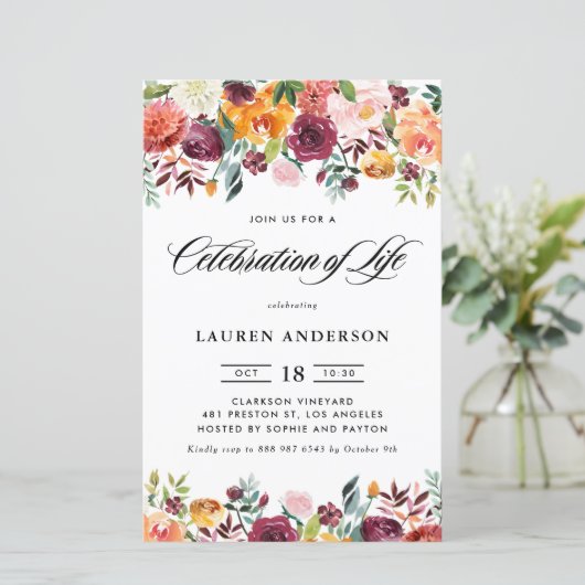Herfst Bloeit Garland Viering van het Leven Uitnod (Staand voorkant)