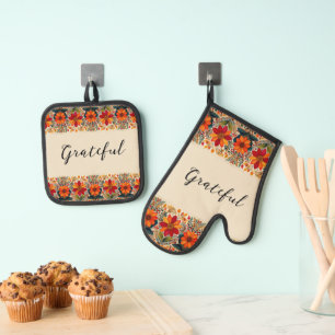 Herfst bloem border print op maat ovenwant & pannenlap set