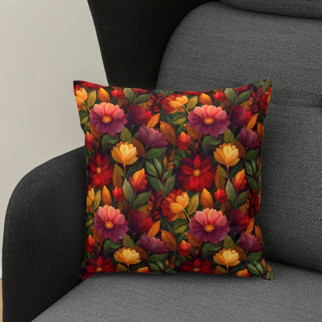 Herfst Bloem Botanisch Decor - Herfst Design Kussen (Elegant farmhouse style with yellow, red and violet flowers. Great for autumn evenings.)