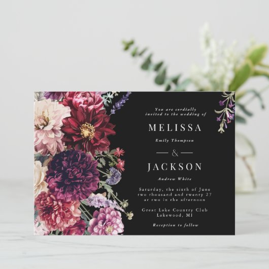Herfst Bloem Dahlia Bruiloft Uitnodiging Zwart (Staand voorkant)
