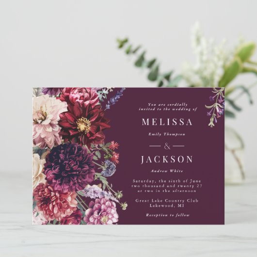 Herfst Bloem Dahlia Bruiloft Uitnodiging Zwart (Staand voorkant)