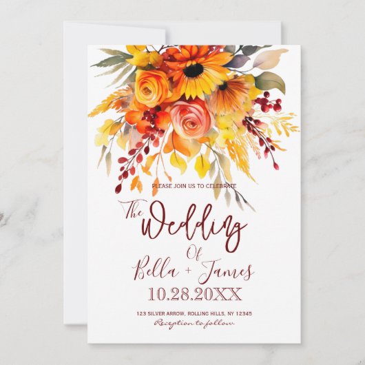 Herfst Bloem Foilage Bruiloft Uitnodiging (Voorkant)