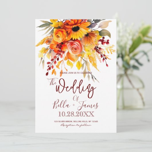 Herfst Bloem Foilage Bruiloft Uitnodiging (Staand voorkant)