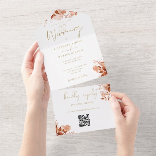 Herfst Bloem QR Code Gouden Bruiloft All In One Uitnodiging (Afscheurbaar)