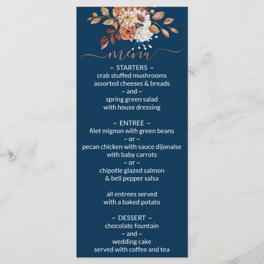 Herfst bloemboeket Navy Blauwe Huwelijksmenu Menu (Voorkant)