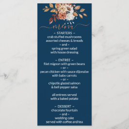 Herfst bloemboeket Navy Blauwe Huwelijksmenu Menu