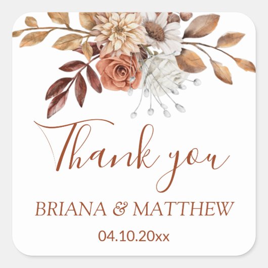 Herfst bloemboeket op witte favor vierkante sticker (Voorkant)