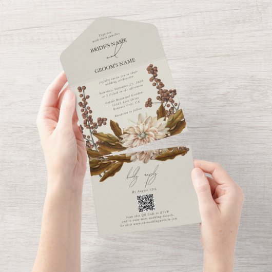 Herfst Bloemen Aardse Tonen Waterverf Herfstbruilo All In One Uitnodiging (Afscheurbaar)