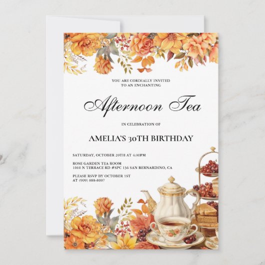 Herfst Bloemen Afternoon Tea Verjaardagsfeest Kaart (Voorkant)