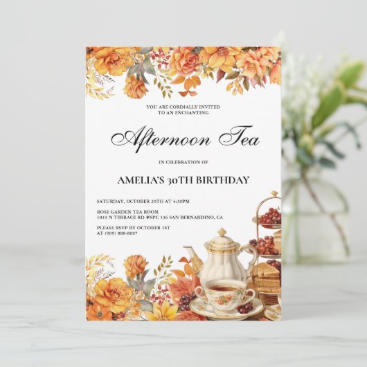 Herfst Bloemen Afternoon Tea Verjaardagsfeest Kaart (Staand voorkant)
