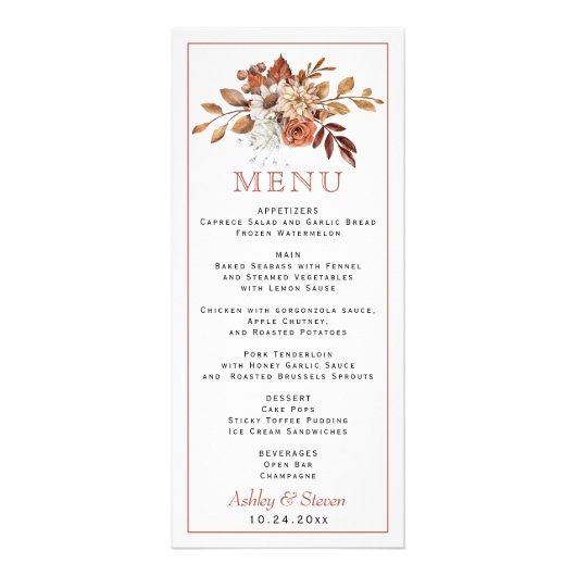 Herfst bloemen, bladeren grens bruiloft menukaart reclamekaart (Voorkant)