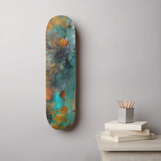 Herfst Bloemen Blauwgroen Rust Goud Abstract Persoonlijk Skateboard (Muurkunst)