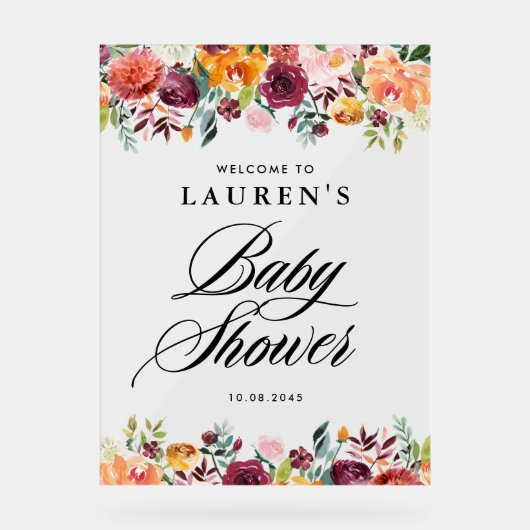 Herfst Bloemen Bloemen Bloemen Baby shower Welkom Acryl Bord (Voorkant)