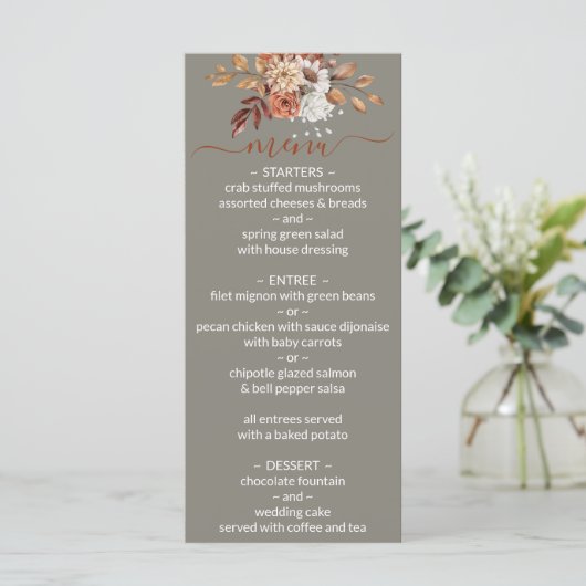 Herfst Bloemen Boeket Grijs Bruiloft Menu (Staand voorkant)
