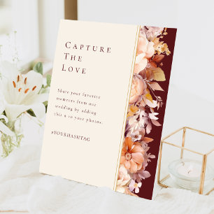 Herfst Bloemen Bourgogne Cream Bruiloft Hashtag Reclamebord Met Voetstuk