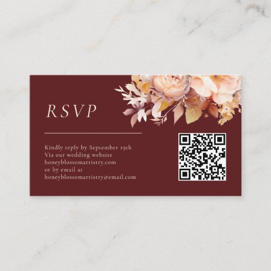 Herfst Bloemen Bourgogne Cream Bruiloft QR Code RS Informatiekaartje (Voorkant)