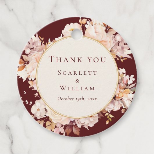 Herfst Bloemen Bourgondië Cream Bruiloft Dank u Bedankjes Labels (Voorkant)