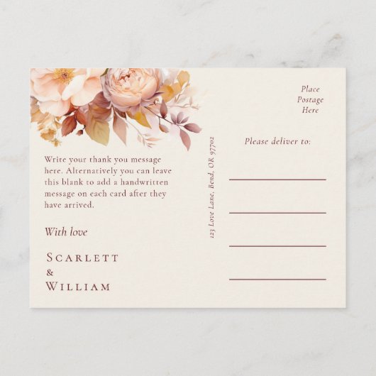 Herfst Bloemen Bourgondië Cream Bruiloft Dank u Briefkaart (Achterkant)