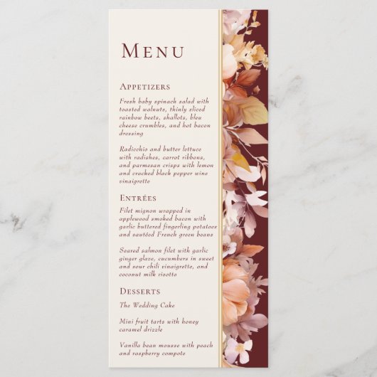Herfst Bloemen Bourgondië Cream Bruiloft Menu (Voorkant)