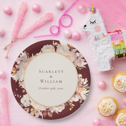 Herfst Bloemen Bourgondië Cream Bruiloft Papieren Bordje (Feest)