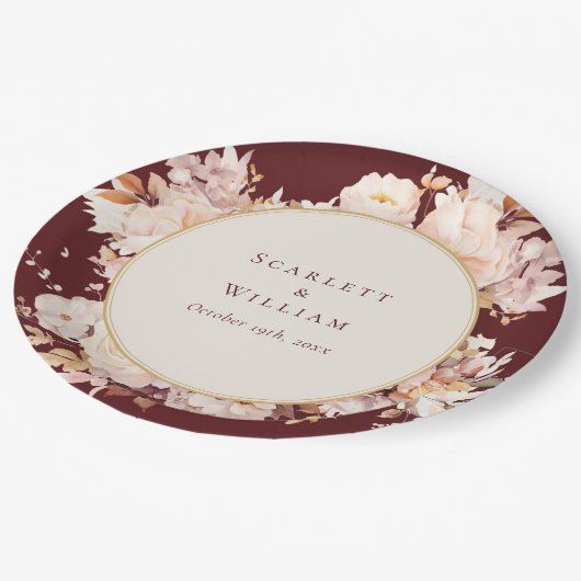 Herfst Bloemen Bourgondië Cream Bruiloft Papieren Bordje (Gekanteld)