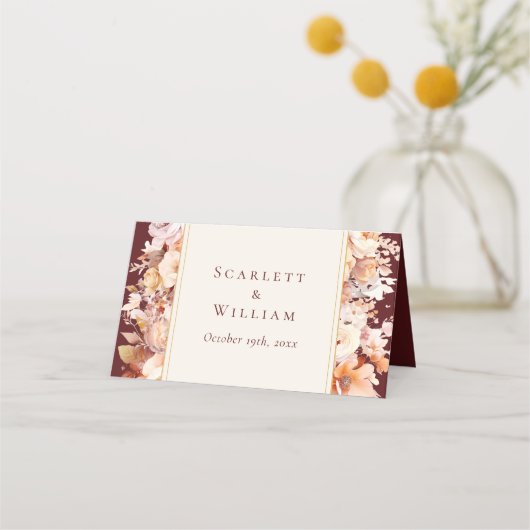 Herfst Bloemen Bourgondië Cream Bruiloft Plaatskaartje (Achterkant)