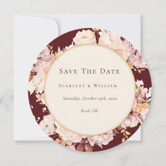 Herfst Bloemen Bourgondië Cream Bruiloft Ronde Save The Date (Voorkant)