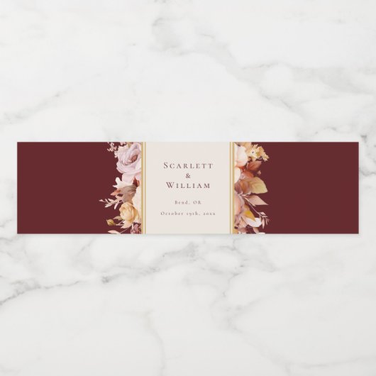Herfst Bloemen Bourgondië Cream Bruiloft Waterfles Etiket (Enkel label)