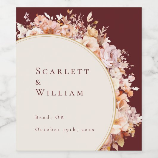 Herfst Bloemen Bourgondië Cream Bruiloft Wijn Etiket (Enkel label)