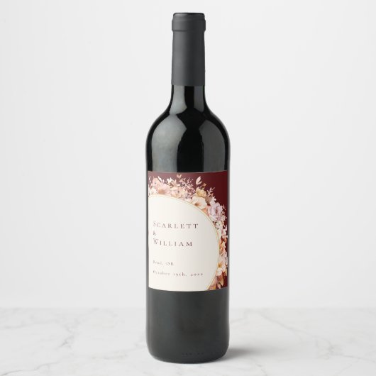 Herfst Bloemen Bourgondië Cream Bruiloft Wijn Etiket (Voorkant)