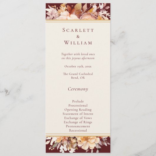 Herfst Bloemen Bourgondië Cream Eenvoudige bruilof Programmakaart (Voorkant)