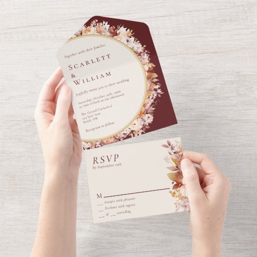 Herfst Bloemen Bourgondië Cream Eenvoudige RSVP Br All In One Uitnodiging (Afscheurbaar)