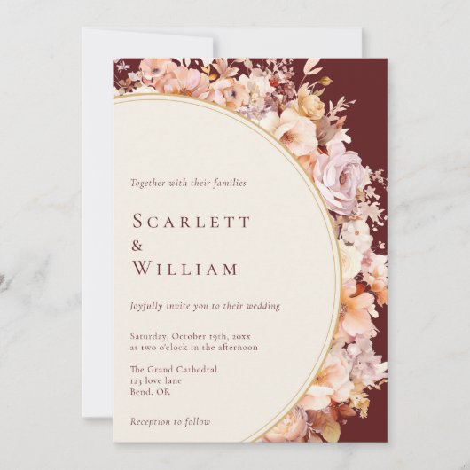 Herfst Bloemen Bourgondië Cream Moderne bruiloft Kaart (Voorkant)